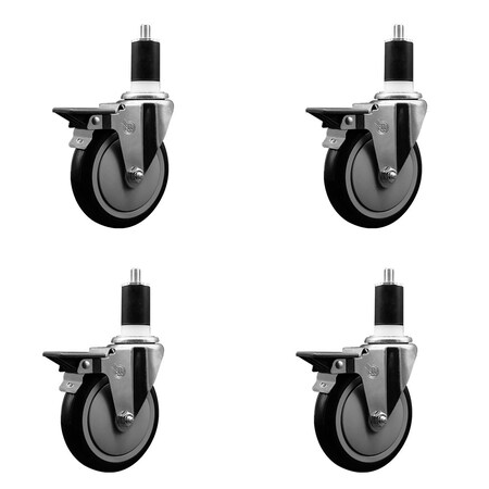 Service Caster 5'' Black Poly Swivel 1-1/2'' Expanding Stem Caster Set with Brake, 4PK SCC-EX20S514-PPUB-BLK-PLB-112-4